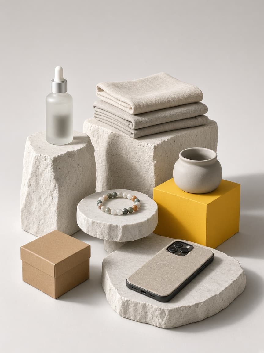 Studio still life of unbranded products â€” a serum bottle, folded linen, a gemstone bracelet, a ceramic jar, a phone case and a gift box â€” arranged on stone plinths